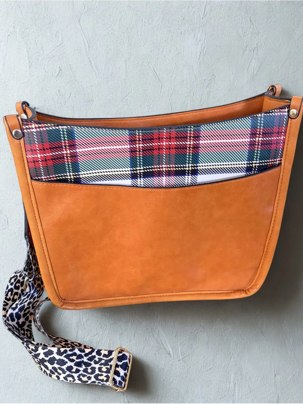 Cognac Brown Faux Leather Hobo Bag with Leopard Canvas Guitar Strap